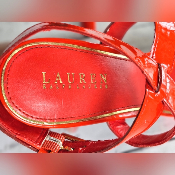 Ralph Lauren Faythe Bright Orange 100% Leather Strappy Platform Heels Size 10B - Picture 8 of 15
